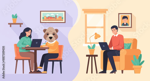 Human and bear-like creature work on laptops in separate cozy environments