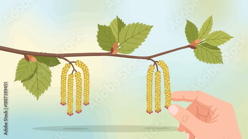 Human hand gently touches dangling catkins on a tree branch