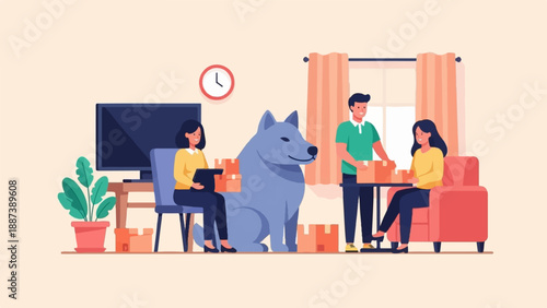 People and dog packing boxes indoors with a clock on the wall