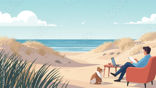Man works on laptop with dog on a beach