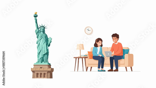 Iconic statue near people relaxing on a couch with a laptop