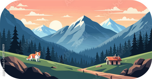 Idyllic mountain landscape with a dog and a small cabin at sunset