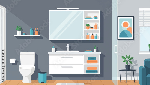 Minimalist bathroom scene with toilet, vanity, and abstract art