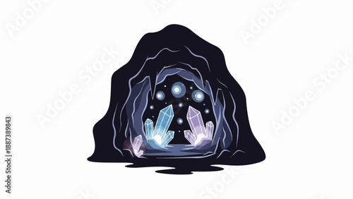 Illuminated cave interior with sparkling crystals and glowing orbs