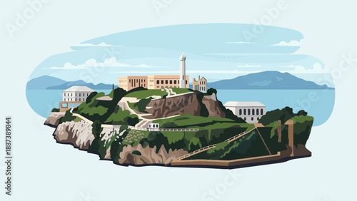 Iconic island prison with lighthouse and surrounding water under a cloudy sky