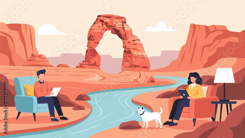 People and dog relax by river with rock arch and mesa in background