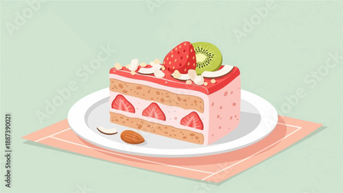 Illustrated strawberry and kiwi layered cake slice with almond and coconut flakes