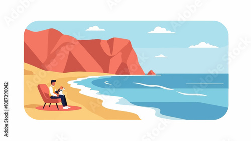 Man and dog relax on a sandy beach with a scenic ocean backdrop
