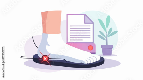 Illustration of a foot with a pain indicator, document, and plant
