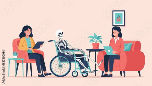 Illustration of a therapy session with a skeleton patient in a wheelchair