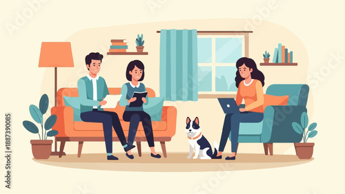 People and dog relax in a cozy living room, working on laptops