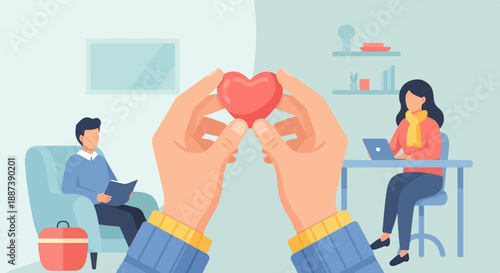Hands hold a heart, a man reads, a woman works at a desk