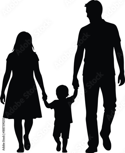 Happy family walking together silhouette, mother father and child holding hands, love bonding concept, black vector illustration isolated on white background