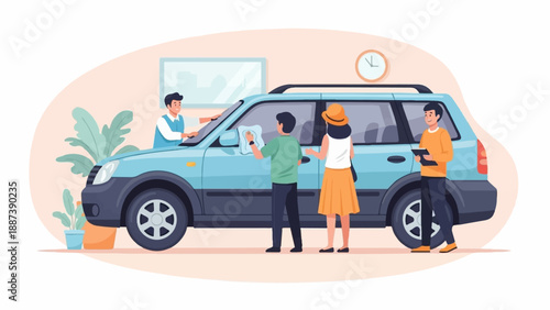 People cleaning a blue car in a bright room with plants