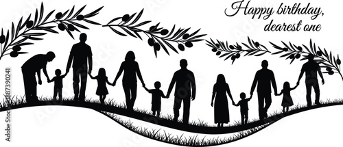 Happy family walking together silhouette, parents and children holding hands in nature, birthday celebration greeting card with olive branches, black vector illustration, isolated