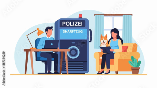 Illustration of people and dog in a room with police equipment