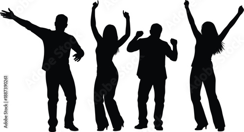Happy people dancing silhouettes set, group of men and women celebrating at party, cheering crowd vector illustration, joyful event social gathering icons