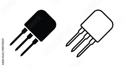 Electronic component icon, transistor symbol in black and white isolated on a simple background, electronic engineering, design