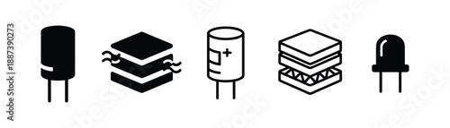 Electronic Components Icons Set with Capacitor, Resistor, Insulator, Diode Vector Illustration