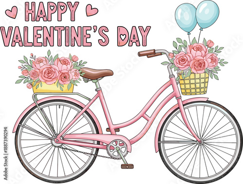 Happy Valentines Day pink bicycle with flower baskets and balloons, romantic vintage bike illustration, floral holiday greeting card, love celebration vector art.
