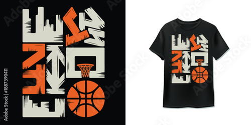 Basketball Street Typography T-Shirt Design with Hoop and Ball, Urban Sports Graphic Vector