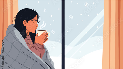 Woman wrapped in blanket drinking hot tea near window in winter, flat vector.