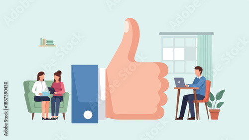 People collaborate and work in an office setting with a giant thumbs up