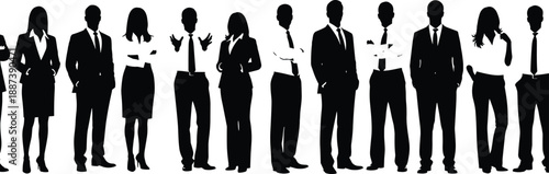 Diverse professional business people silhouettes standing in a long row, corporate team wearing formal suits, isolated on white background design.
