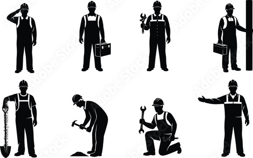 Construction, worker, silhouette, set, featuring, men, in, safety, gear, with, tools, like, hammer, shovel, and, wrench, for, building, site, illustrations.