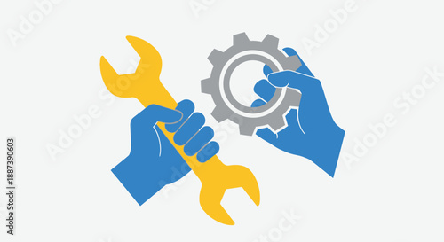 Hands holding wrench and gear symbolizing mechanical engineering and industrial repair services