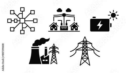Energy distribution network with power grid, solar panel, and factory illustration. Energy sources and energy consumption concept
