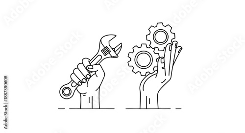 Hand holding a wrench and gears, representing mechanical engineering and industry