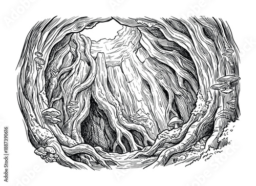 Enchanted forest cave tunnel entrance with roots and mushrooms illustration, black and white ink drawing style