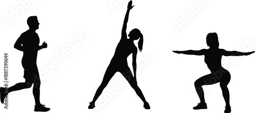Fitness silhouettes of people running stretching and performing squats for active lifestyle health wellness workout training and gym motivation concept
