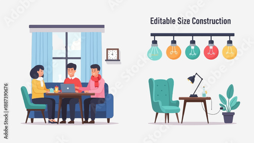 People collaborate around a laptop while decorative bulbs illuminate a desk