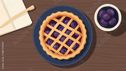 Overhead view of a lattice-top blueberry pie on a dark plate with a bowl of berries