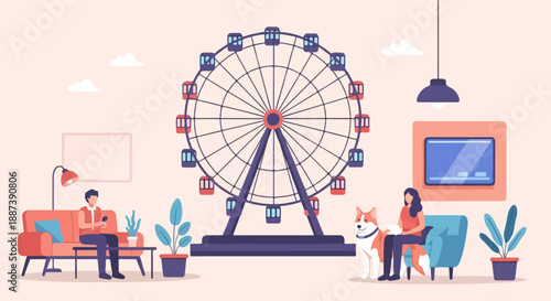People and dog relax indoors with a Ferris wheel vista and media screen