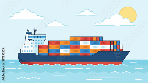 Container Ship Ocean Cargo Logistics Flat Design Illustration