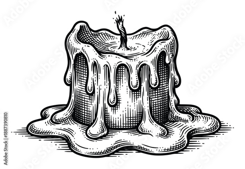 Engraved illustration of a burning candle with dripping wax, and short wick on a white background
