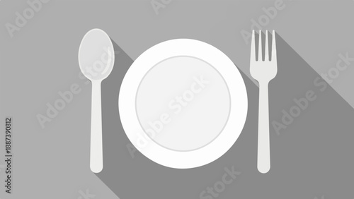 Minimalist flat illustration of a white plate, spoon, and fork with long shadows