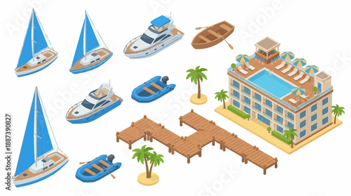Isometric Coastal Vacation Icon Set Luxury Yacht Resort Elements