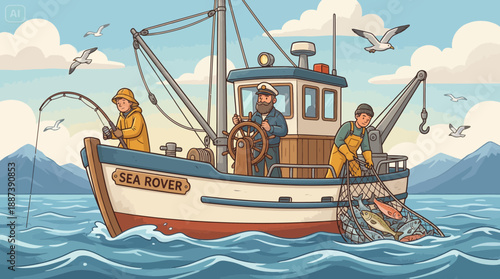 Commercial Fishing Boat Crew on the Ocean Cartoon Illustration