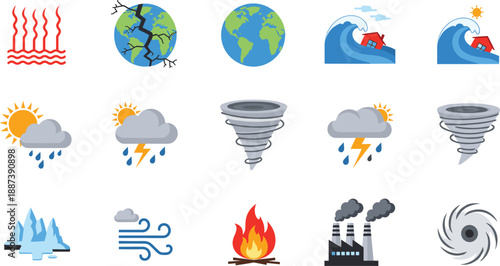 Natural disaster icon set featuring earthquake tsunami wildfire and global warming symbols for environmental awareness and news.