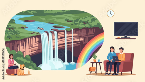 People and dog relax, watching a nature scene with waterfall and rainbow on screen