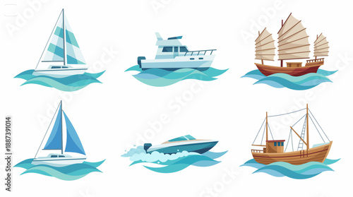 Vector Set of Six Different Nautical Boats and Ships on Waves