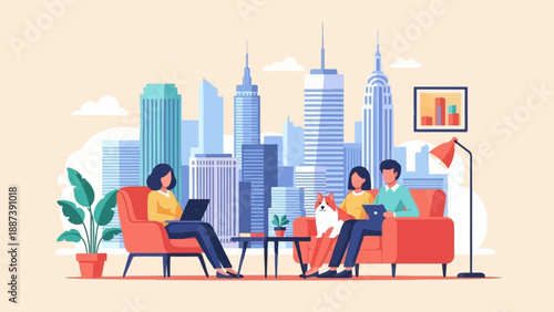 People and dog relax with laptops in a modern apartment with city skyline