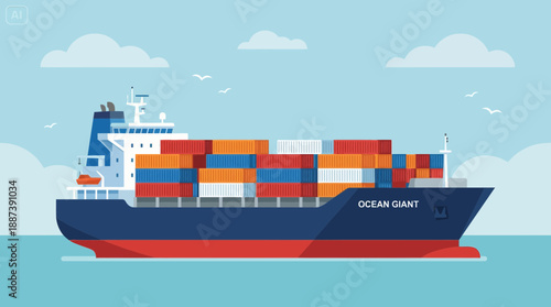 Giant Cargo Ship Sailing Flat Vector Illustration