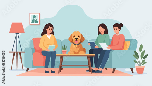 People and dog relaxing in a living room, reading and conversing
