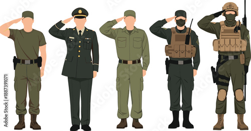 Professional military soldiers in different combat and dress uniforms saluting set, army personnel collection, tactical gear, officer and infantry illustration.