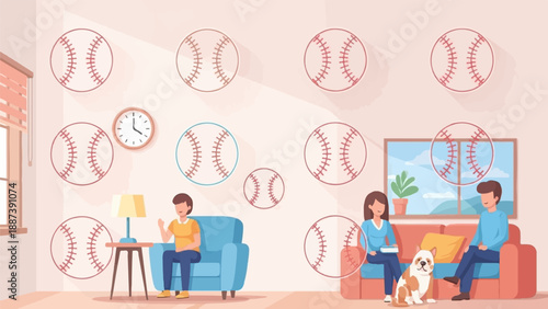 People and dog relaxing in a room decorated with baseballs
